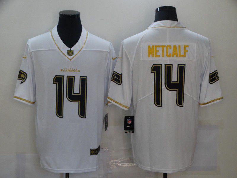 Men Seattle Seahawks 14 Metcalf White Retro Gold Lettering 2020 Nike NFL Jersey